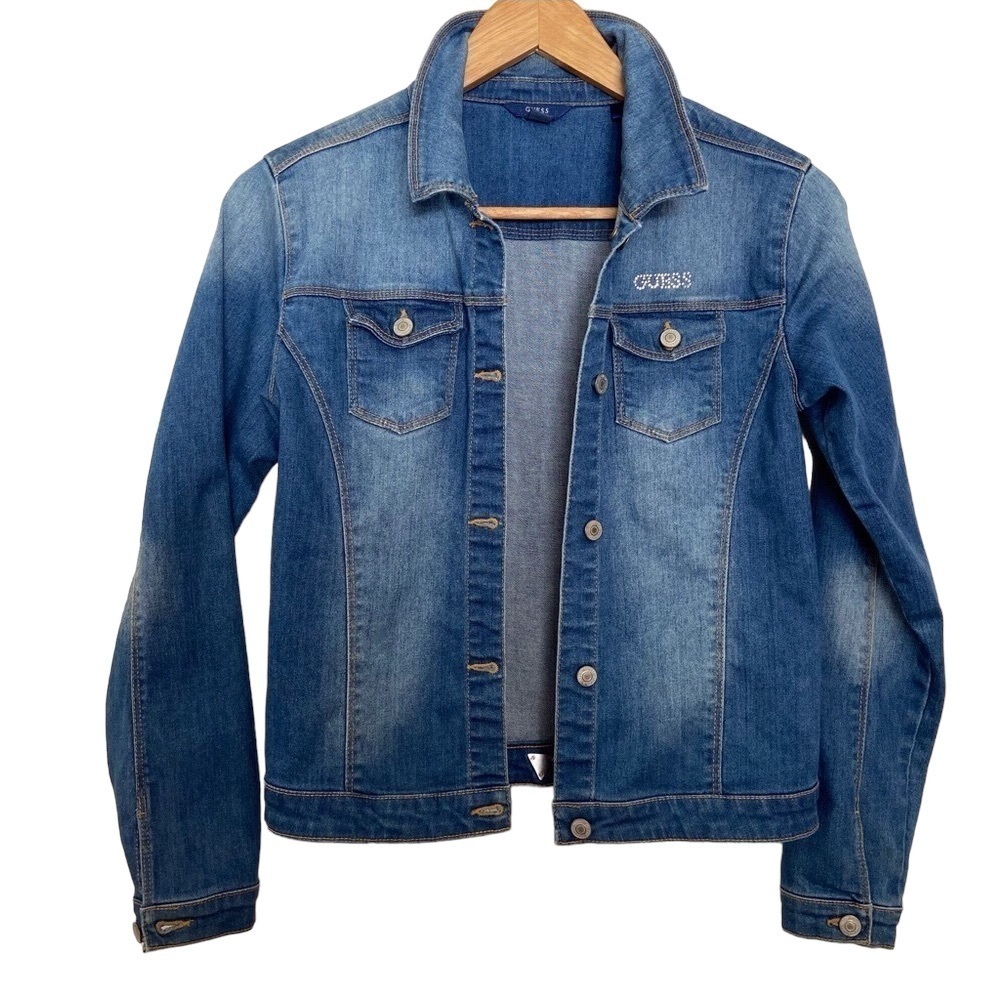 Guess denim jean jacket crystal embellishments soft denim blue size 14